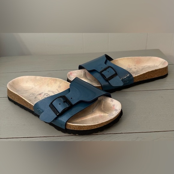 Birkenstock Birki's Metallic Blue Sandals 38 Sz 8 One Strap women’s EUC - Picture 4 of 12